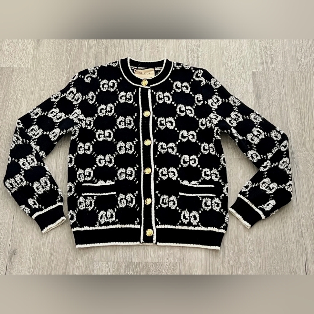 GUCCI GG Wool Jacquard Cardigan, Size L